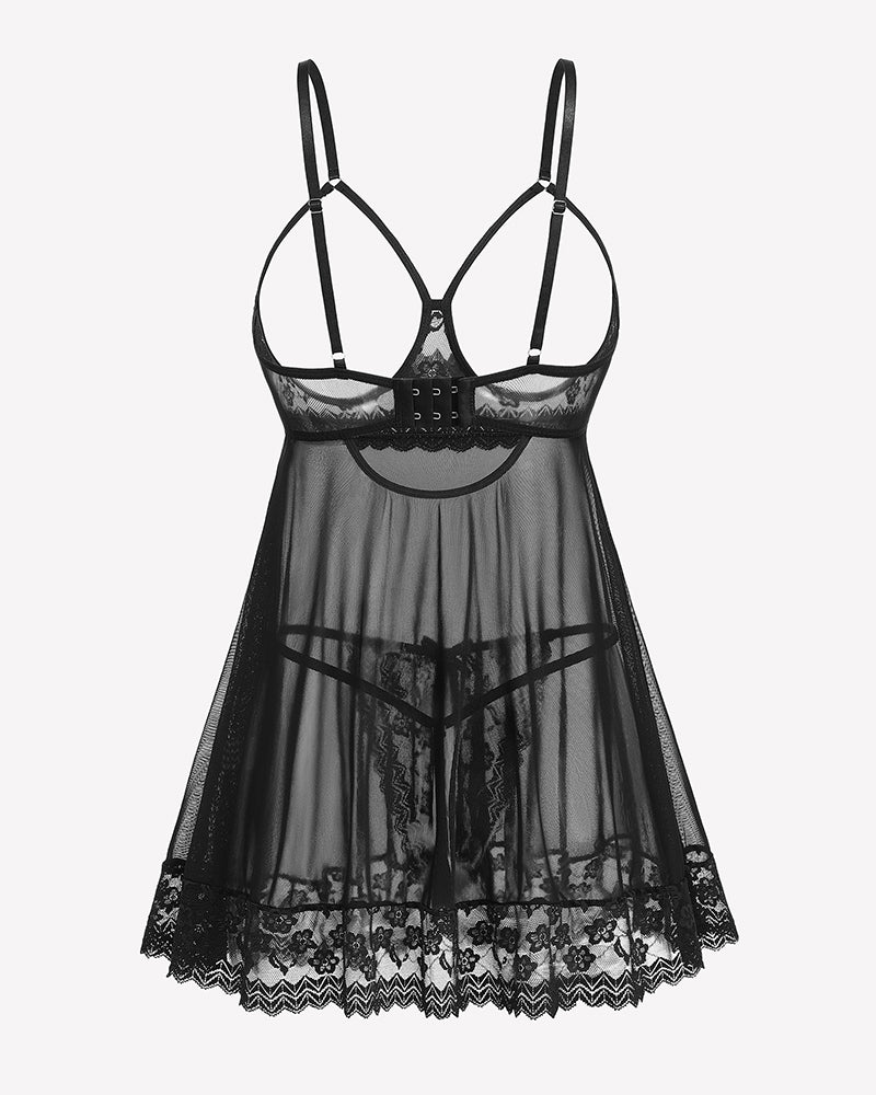Black lace babydoll crotchless panty set, sexy lingerie with adjustable straps and lace details.
