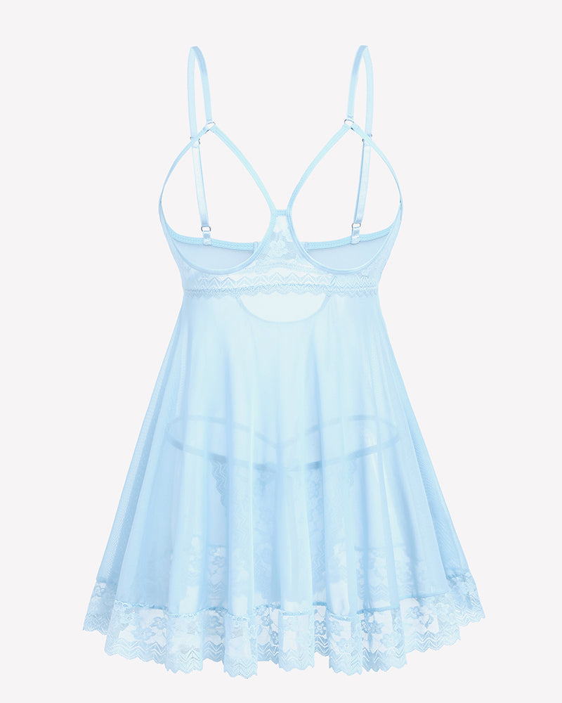 Light blue cupless lace babydoll crotchless panty set with adjustable straps and lace details