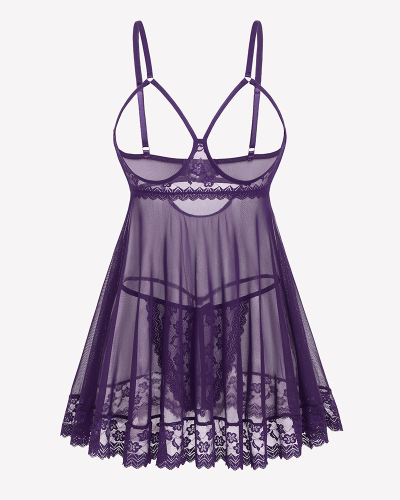 Purple cupless lace babydoll crotchless panty set with adjustable straps and sheer mesh