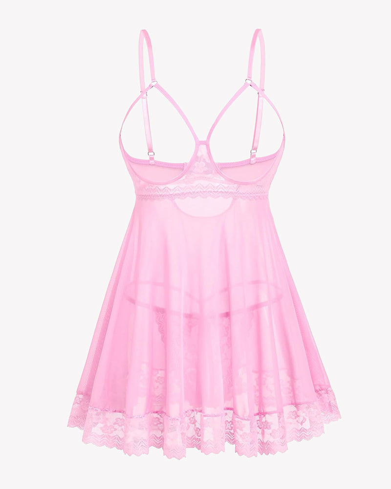 Pink cupless lace babydoll crotchless panty set with adjustable straps and lace details