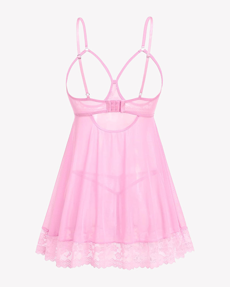 Pink cupless babydoll lingerie set with adjustable straps, lace trim, and crotchless design