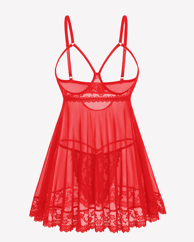 Red cupless lace babydoll crotchless lingerie set, adjustable straps, lace details
