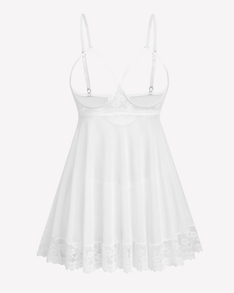 White lace babydoll crotchless panty set with adjustable straps and sheer mesh detailing