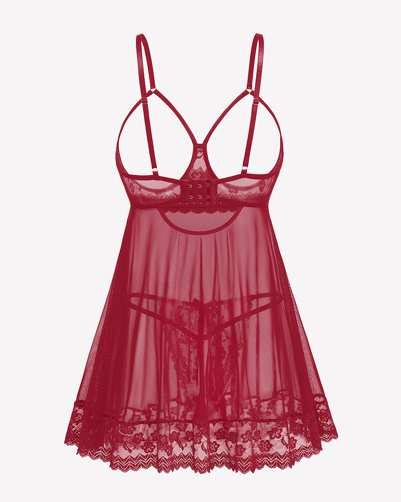 Red cupless babydoll lingerie set with adjustable straps, lace trim, and crotchless design