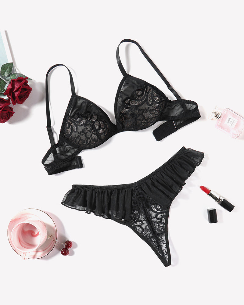 Black lace lingerie set with mesh ruffles, sexy bra and panty for women