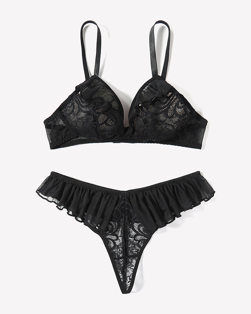 Avidlove black lace bra and panty set with mesh ruffles, sexy lingerie for women