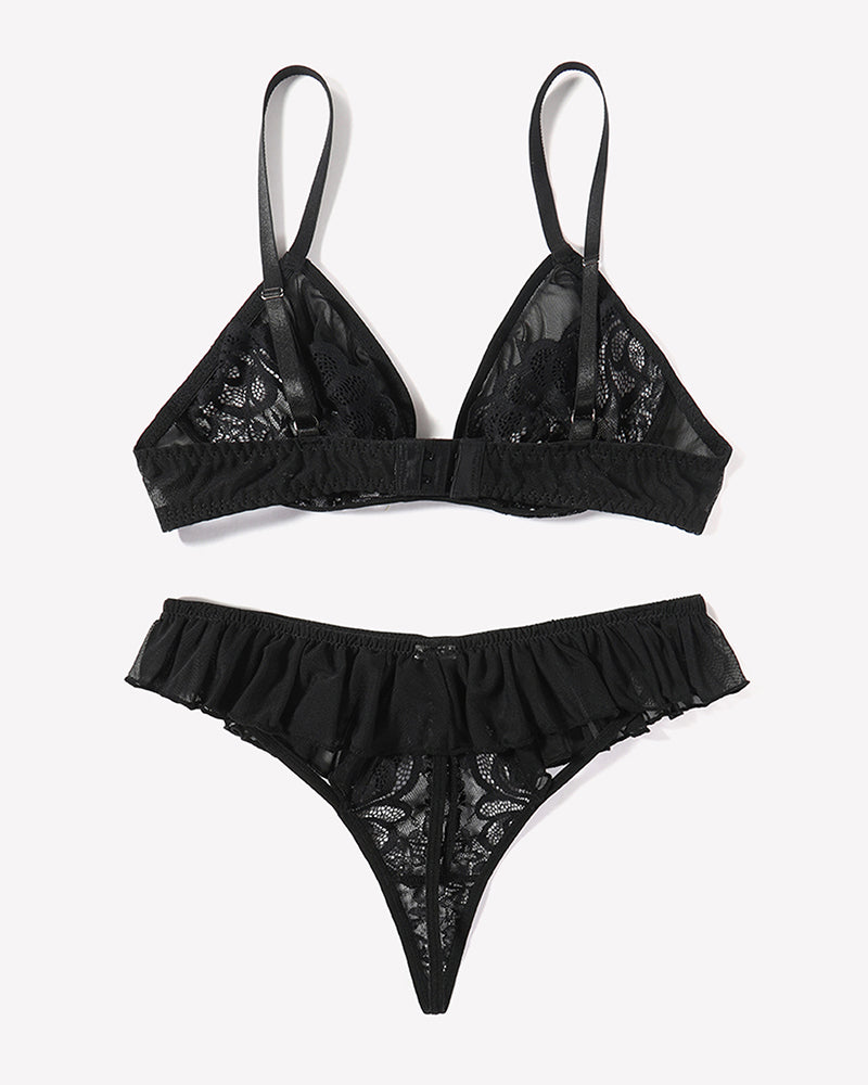 Black lace lingerie set with mesh ruffles, sexy bra and panty set