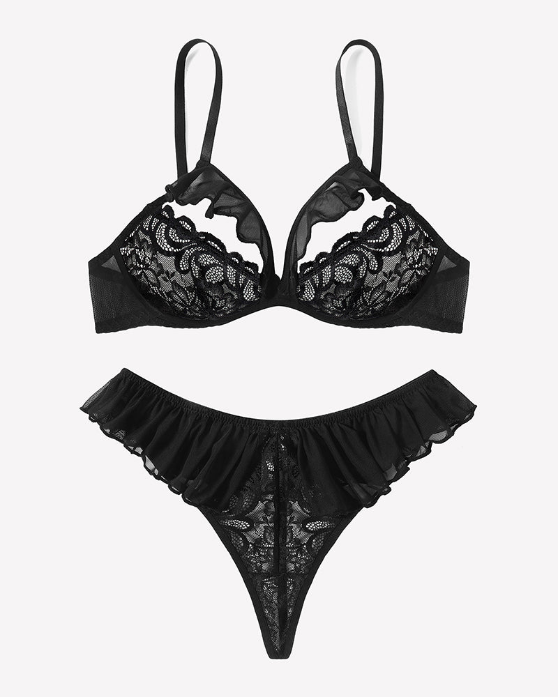 Black lace bra and panty set with mesh ruffles, sexy lingerie for women, fashionable style