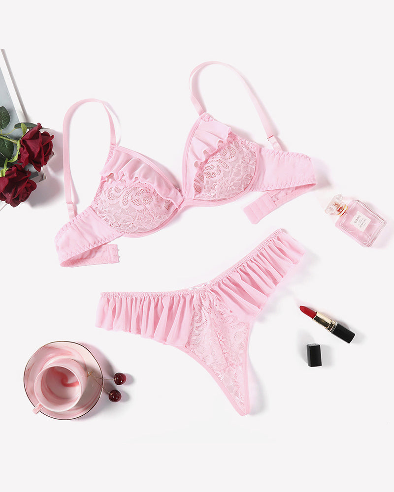 Pink lace bra and panty set with mesh ruffles, sexy lingerie for women, Avidlove