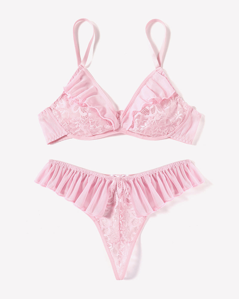 Pink lace bra and panty set with mesh ruffles, two-piece lingerie for women, Avidlove