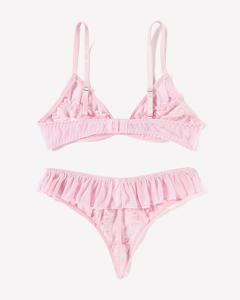 Pink lace bra and panty set with mesh ruffles, sexy lingerie for women, two-piece set