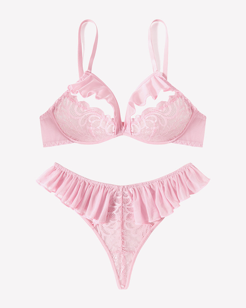 Avidlove pink lace lingerie set with mesh ruffles, sexy bra and panty set for women, two-piece set