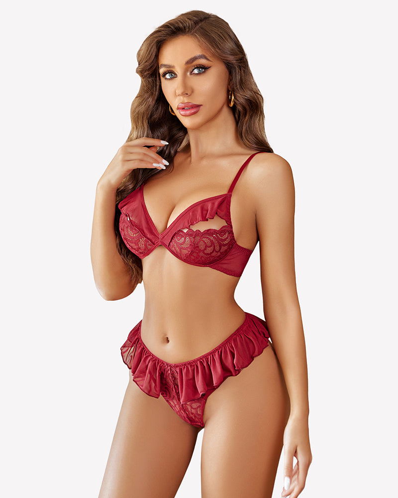 Avidlove burgundy lace bra and panty set with mesh ruffles, sexy lingerie for women, two-piece set