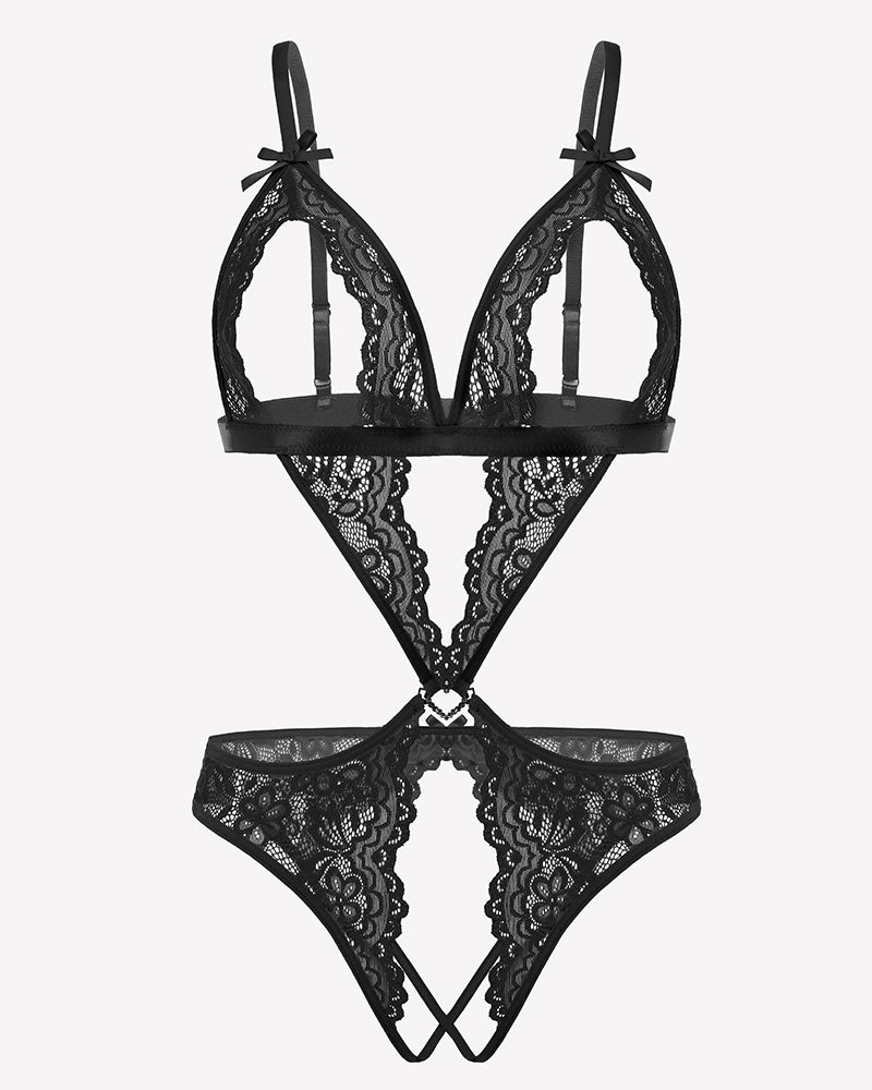 Black lace deep V teddy lingerie, open sides, perfect for honeymoon. Features delicate lace.