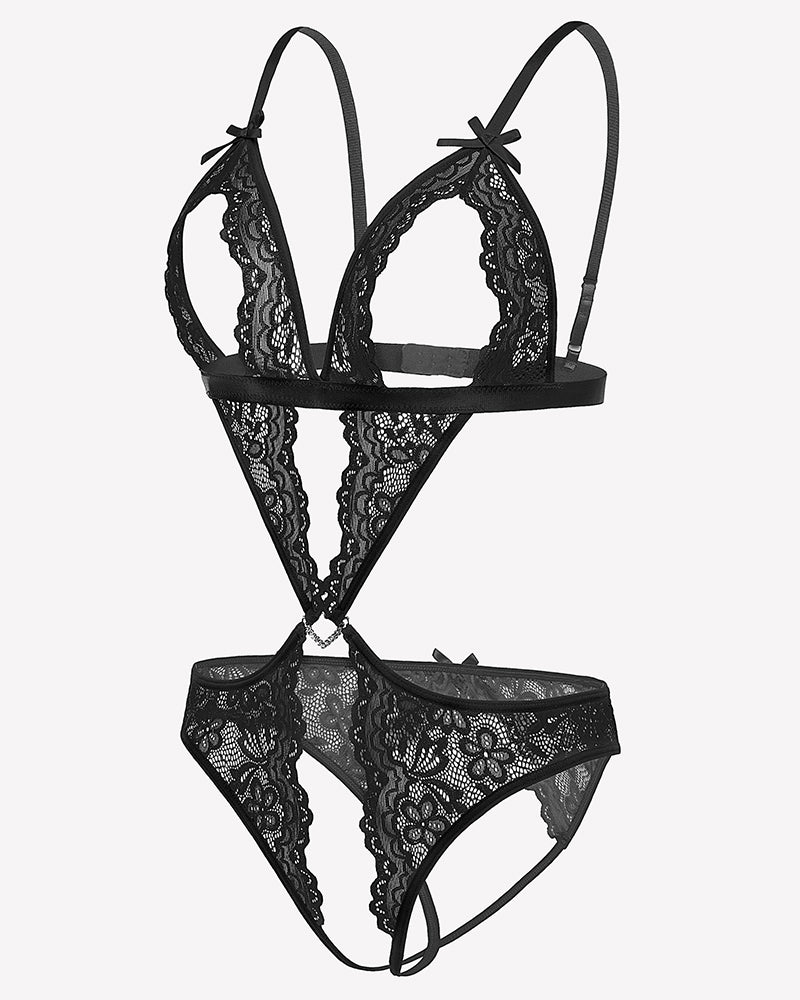 Black lace deep V teddy bodysuit, open sides, perfect for honeymoon. Features delicate lace.