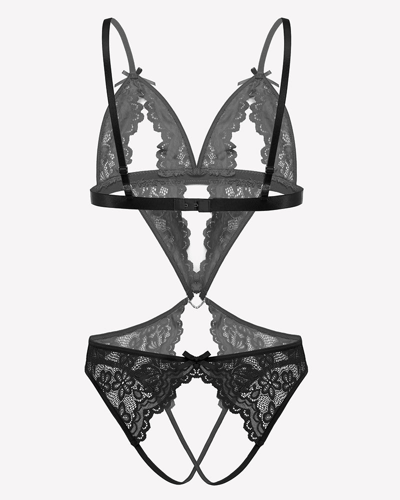 Black lace deep V teddy bodysuit with open sides and delicate lace, ideal for honeymoon.