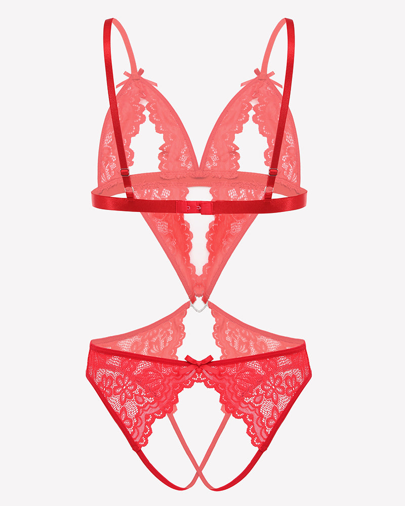 Red lace deep V teddy lingerie set, perfect for wedding night or honeymoon. Features delicate lace.