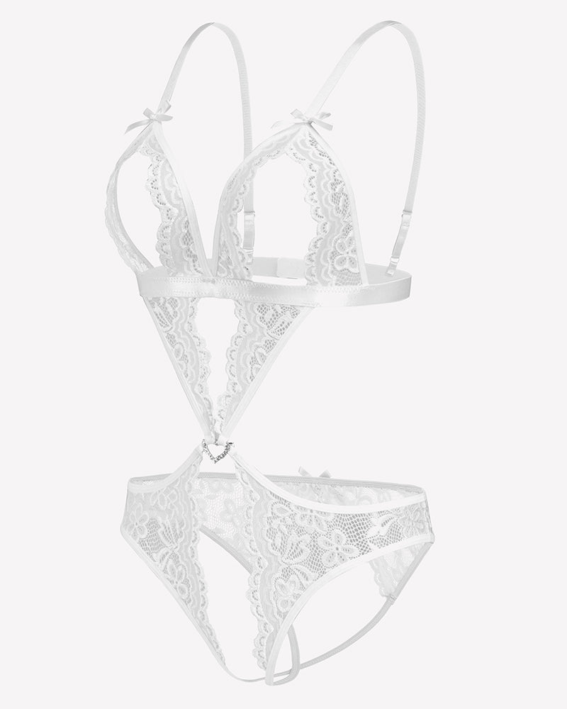 White lace deep V teddy bodysuit, open sides, delicate lace, wedding night lingerie.