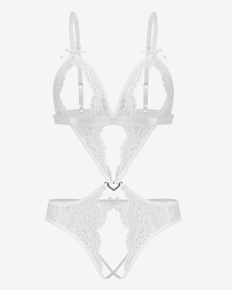 White lace deep V teddy bodysuit, open sides, delicate lace, ideal for wedding night or honeymoon.