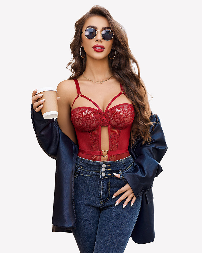 Lace crotchless teddy bodysuit with unique crotch design, red color