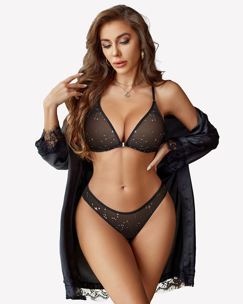 Black mesh lingerie set with star pattern. Sexy bra and panty set with adjustable straps for women.