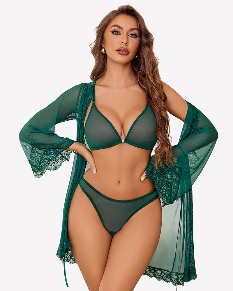 Green mesh lingerie set with robe. Sexy bra and panty set with adjustable straps for women.