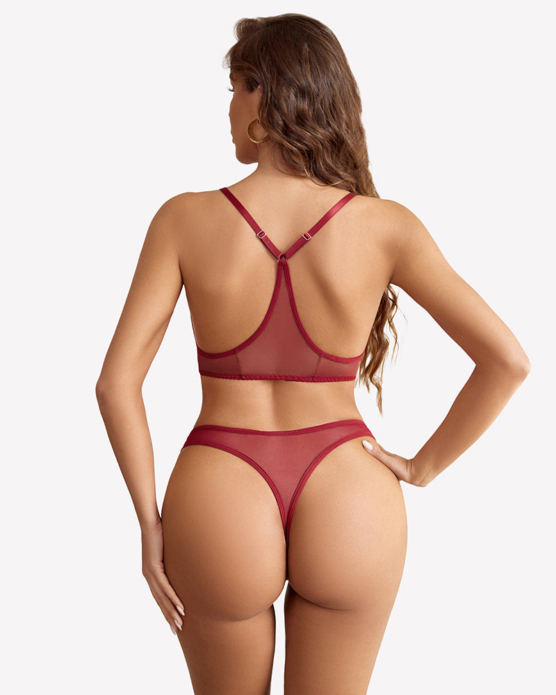 Burgundy mesh lingerie set with racerback bra and thong. Sexy lingerie for women.