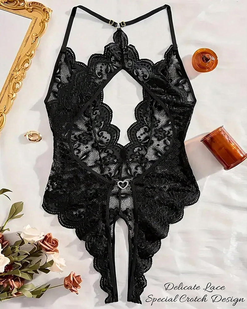 Black lace teddy bodysuit with deep V neckline and open crotch. Sexy black lace lingerie.