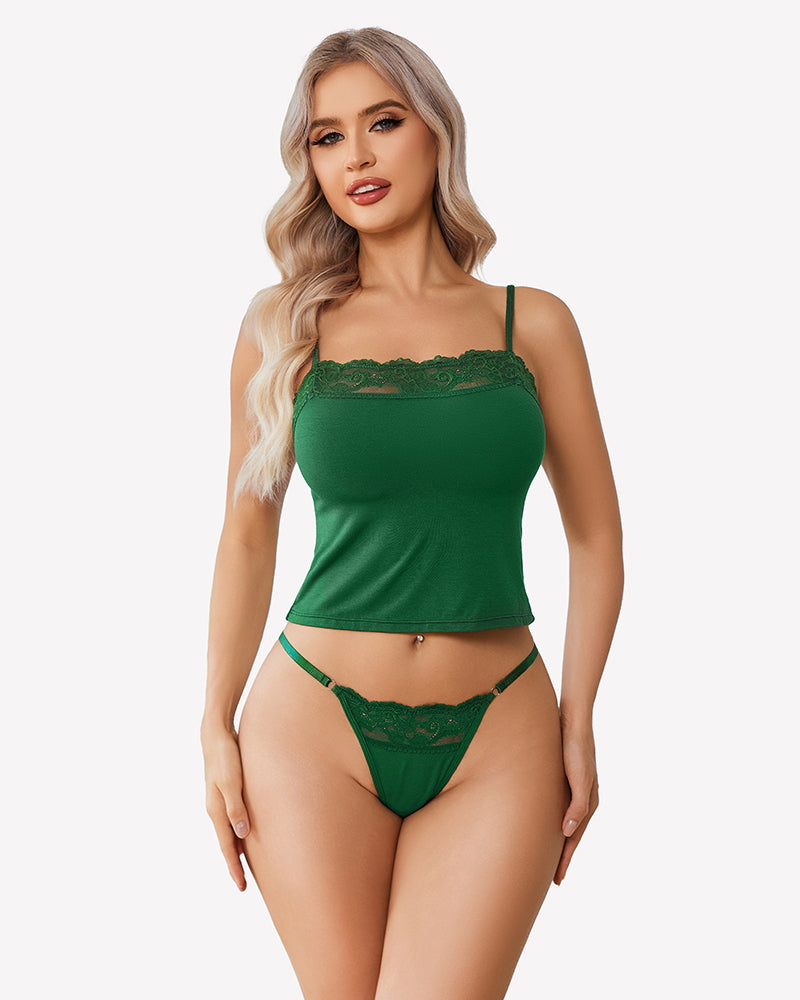 Green lace cami pajama set. Includes camisole and thong. Perfect for sleepwear.