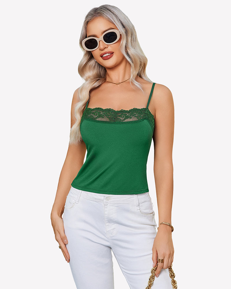 Green lace trim cami top, perfect for sleepwear and special occasions. Stylish design.