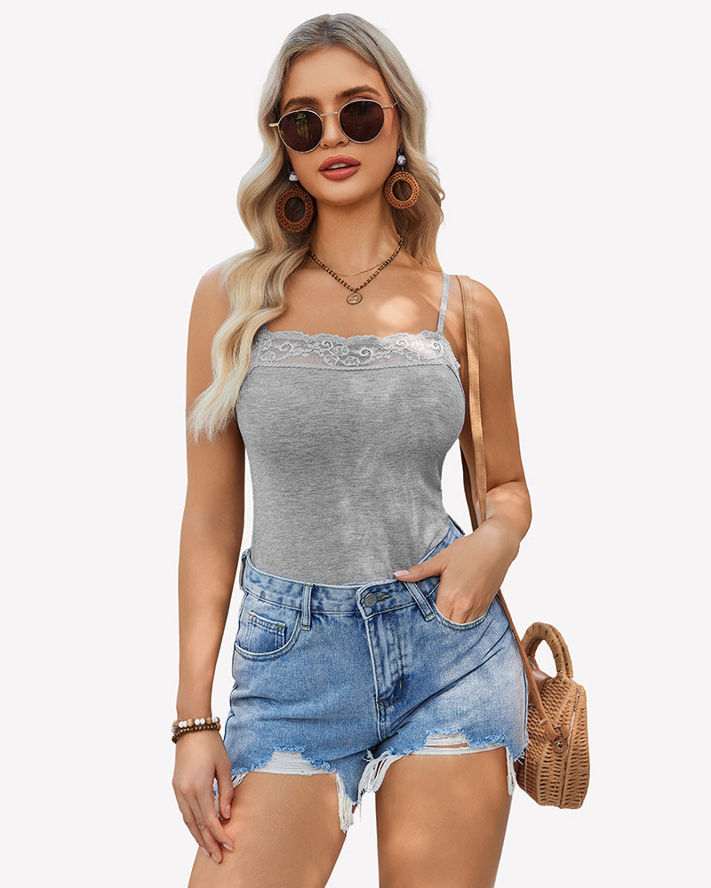 Grey lace trim cami top, ideal for sleepwear and special occasions. Stylish design.