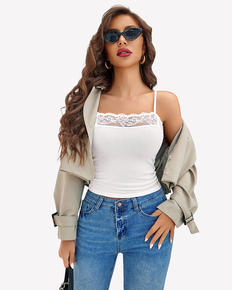 White lace trim cami top, perfect for sleepwear or special occasions. Stylish design.