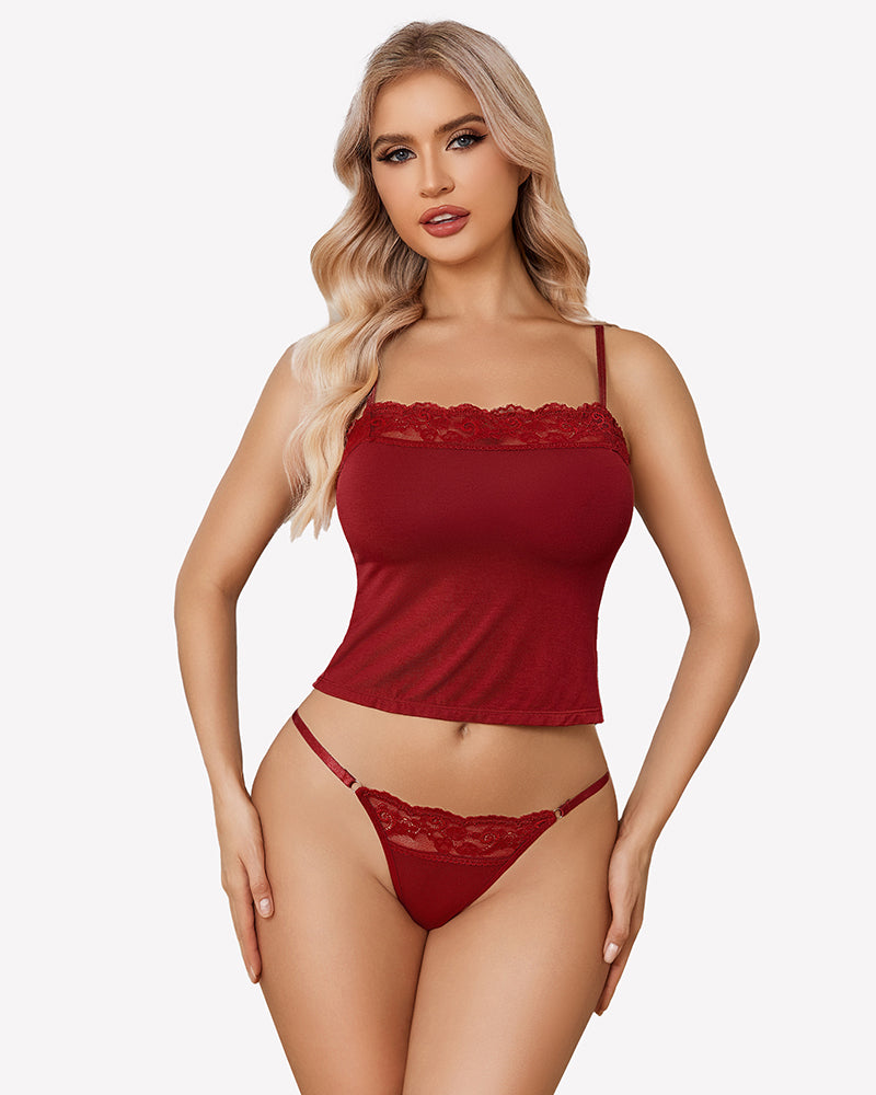 Burgundy lace trim cami pajama set with thong. Sleepwear for special occasions. 94%Rayon6%Spandex