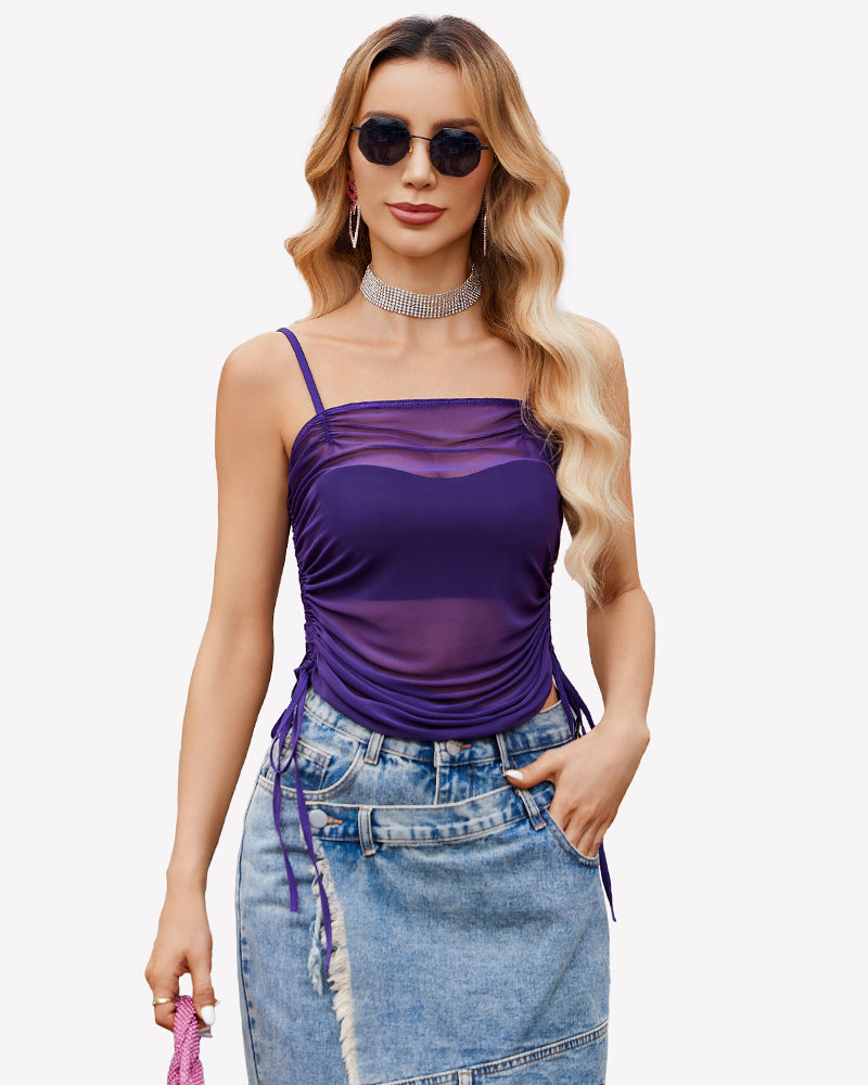 Purple mesh sheer tank top with adjustable straps and ruched detail, perfect for a sexy club look.