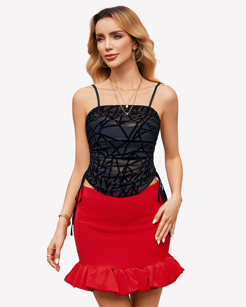 Black mesh camisole top with adjustable straps and red mini skirt, sexy club wear