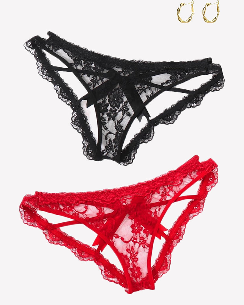 Avidlove black and red lace low rise panties with bow back, sexy lingerie