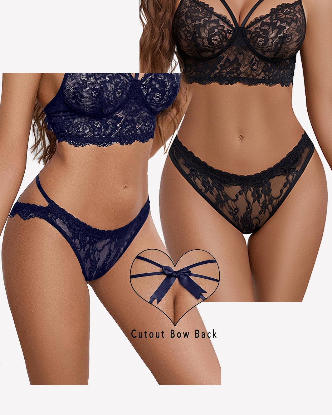 Navy blue and black lace low rise panties with cutout bow back, sexy lingerie