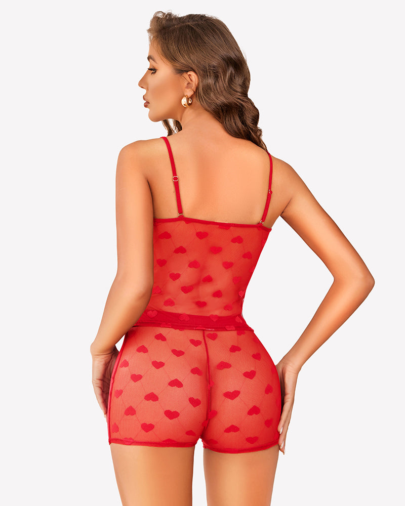 Red heart lace pajama set. Sexy and feminine sleepwear. Comfortable camisole top and shorts.