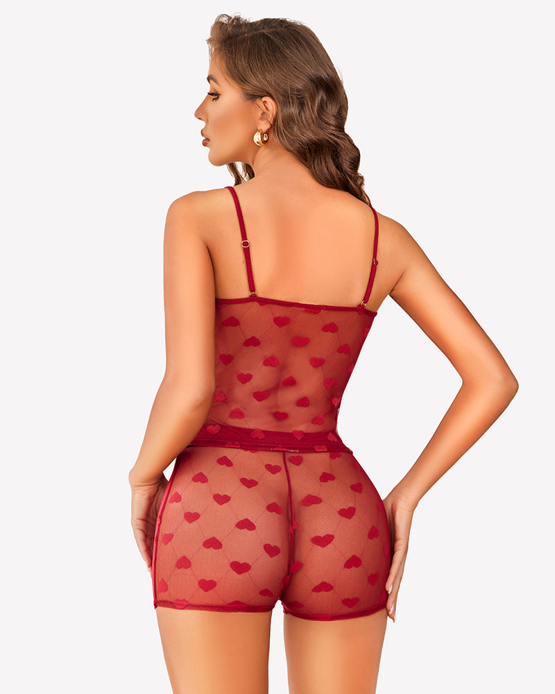 Sheer back heart lace pajama set in red, perfect for a sexy and feminine look.