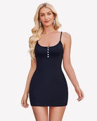 Black mini dress with spaghetti straps and button front. Sexy and elegant outfit for women.