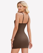 Brown mini dress with spaghetti straps, elegant and sexy design for women, perfect for summer.