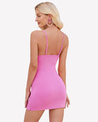 Pink mini spaghetti strap dress, form-fitting design, perfect for a sexy and elegant look