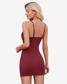 Burgundy mini dress with spaghetti straps, form-fitting design, perfect for a sexy and elegant look