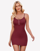 Burgundy mini dress with spaghetti straps and button front. Sexy and elegant design for women.