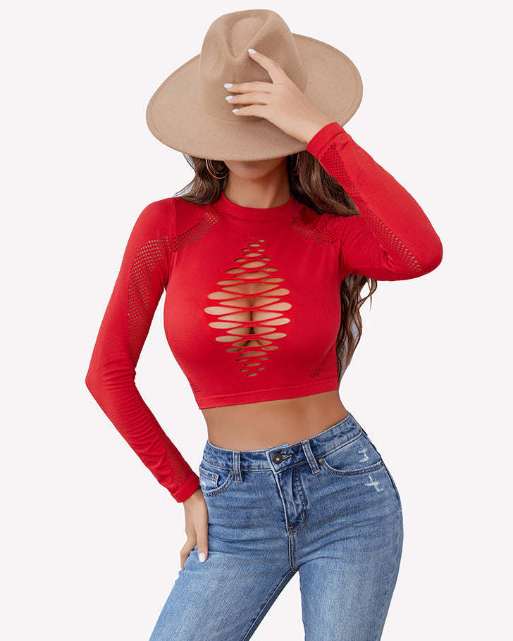 Long-sleeve cut-out fishnet top in red, vertical ladder cut-out at chest