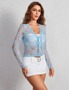 Floral lace sheer bolero shrug, long sleeves, light blue floral lace with tie at neckline