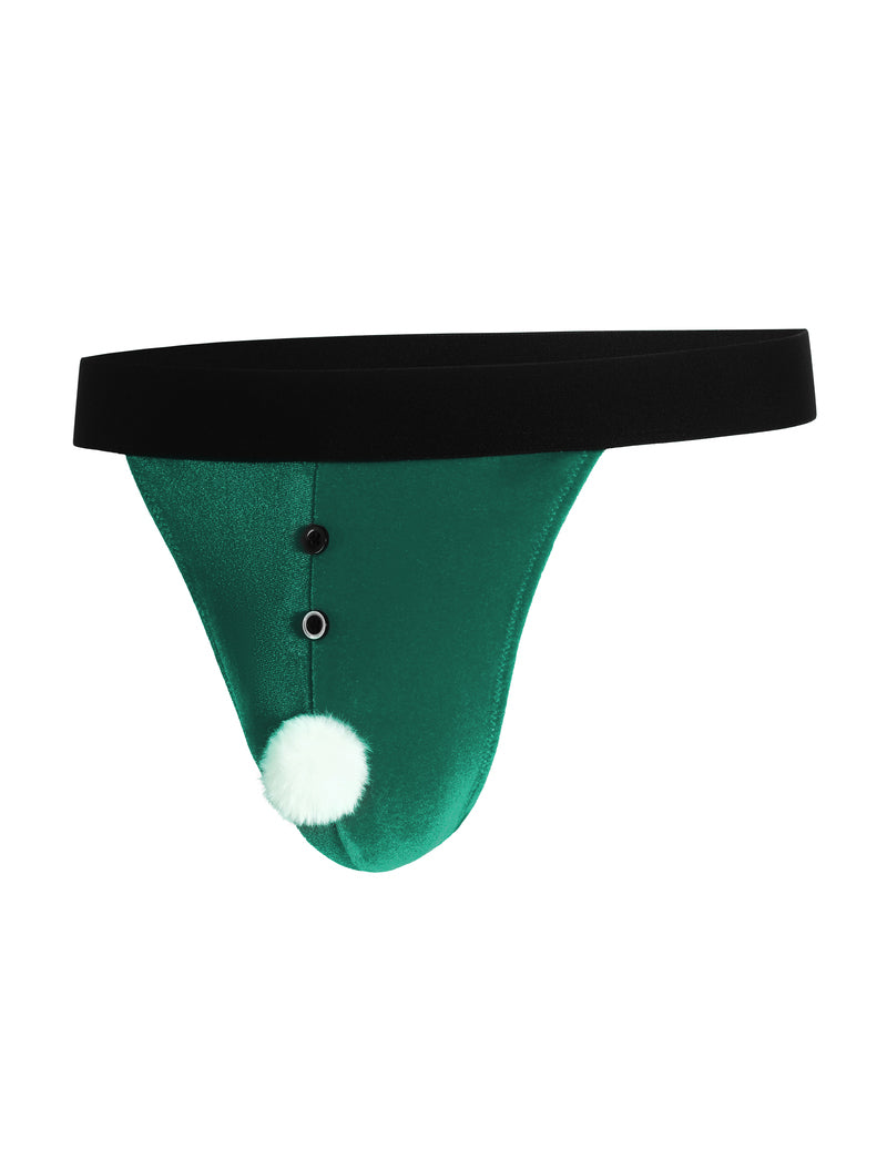 Green Santa thong g-string with black waistband and white pom-pom