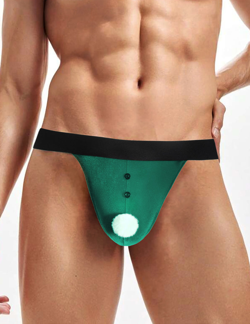 Green Santa g-string thong with black waistband, buttons, and white pom-pom