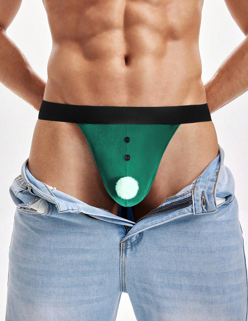 Green Santa g-string thong with black waistband, white pom-pom, and button trim
