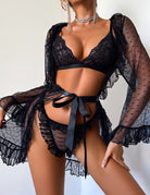Black lace lingerie set with sheer kimono robe, scalloped bra, matching panty